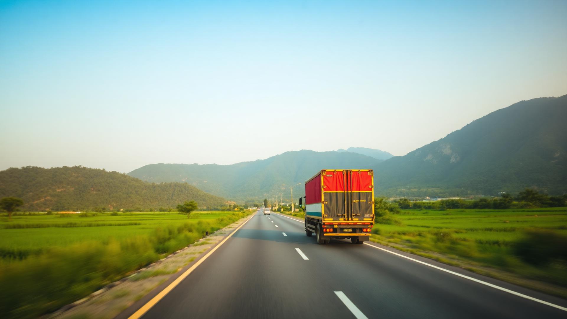 Moving truck on an Indian highway passing green countryside and hills
