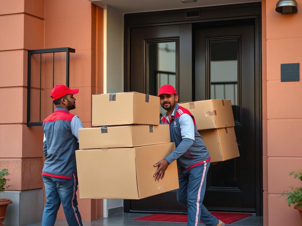 Uniformed Indian movers carrying packed cardboard boxes from an apartment entrance