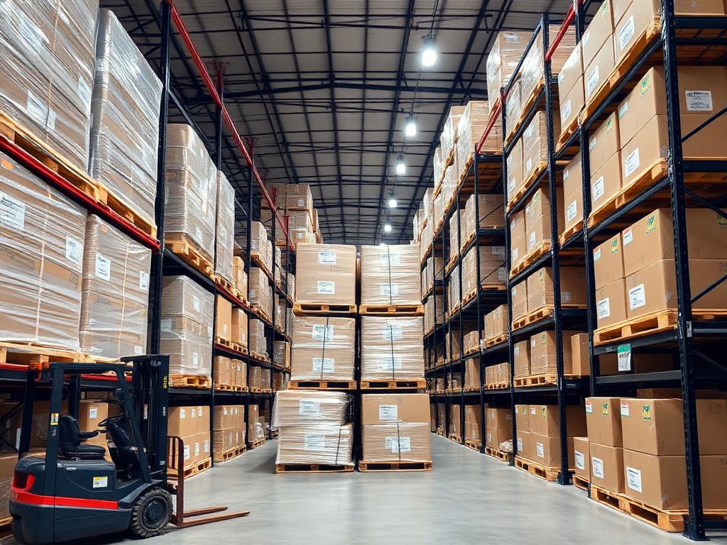 Indian warehouse interior with stacked pallets and labeled cartons on racks